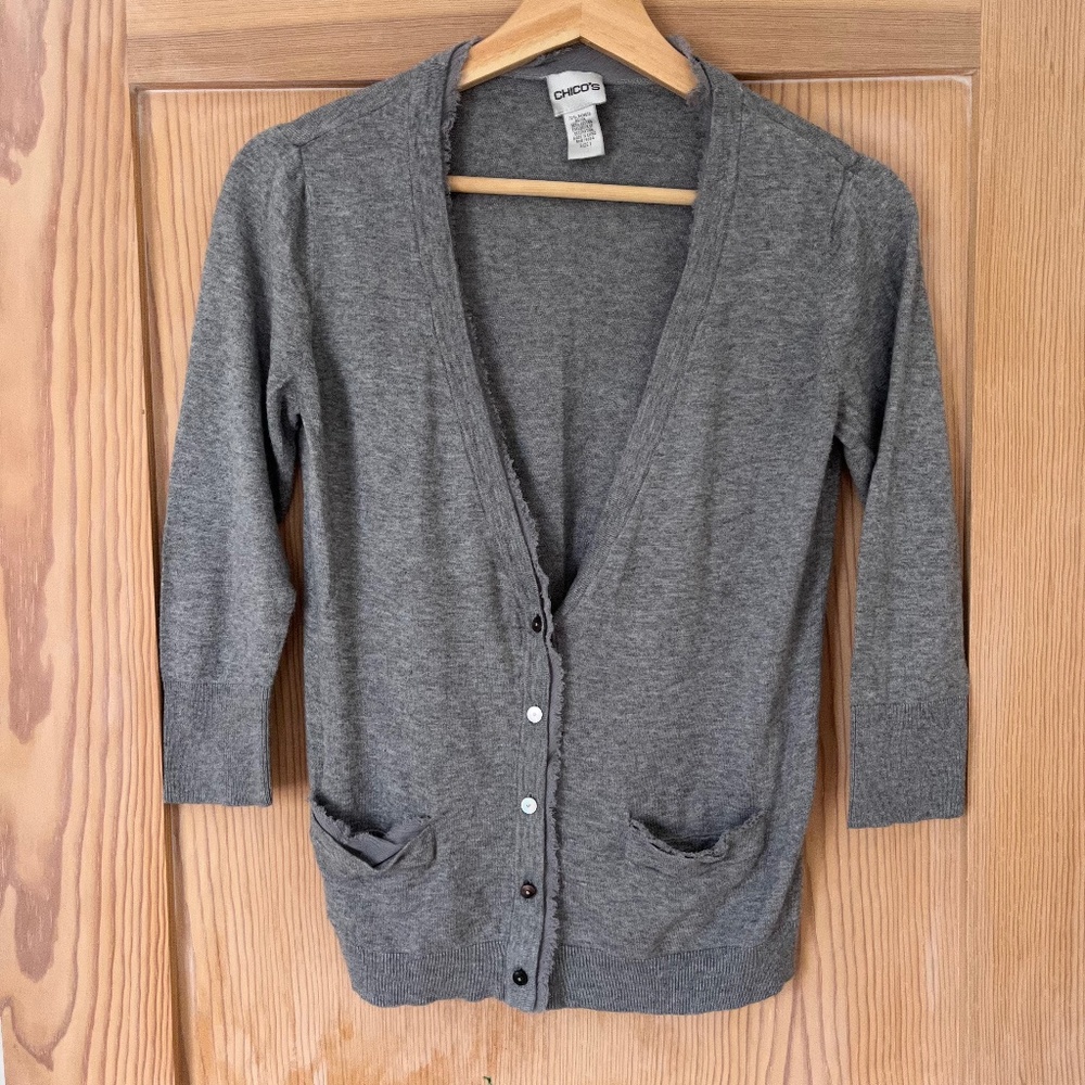 Chico’s Cardigan, Raw Silk Trim, Size 1